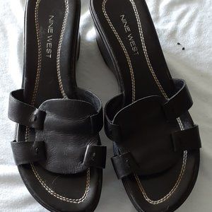 Nine West Black Leather Wedge Sandals 7.5